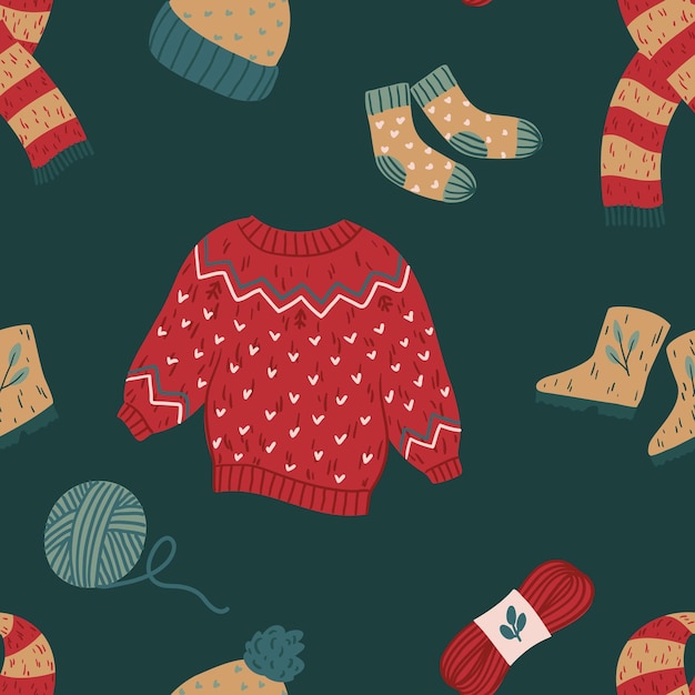 Patrón sin costura con una cómoda bufanda de suéter y calcetines para papel textil para tarjetas de scrapbooking