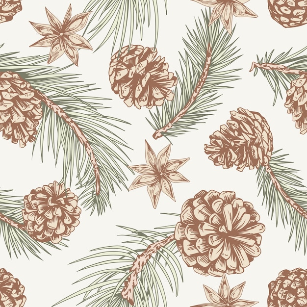 Vector patrón sin costura con conos de abeto de navidad, agujas y anís. fondo repetido con abeto de coníferas. textura de invierno vintage con ramas de coníferas. ilustración vectorial dibujada a mano para imprimir