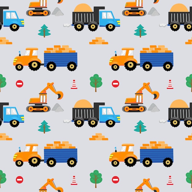 Patrón sin costura con dibujo a mano Camioneta tractor y excavadora Ilustraciones vectoriales Papel de pared para niños