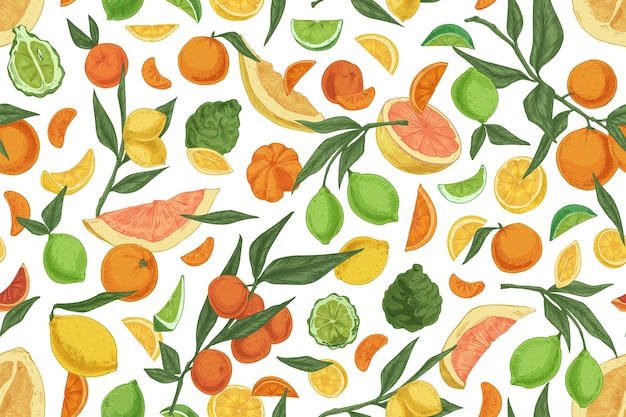 Patrón sin costura con diferentes cítricos sobre fondo blanco. Textura interminable dibujada a mano con naranjas, limones, mandarinas, bergamota y pomelos. Ilustración vectorial de color para la impresión.