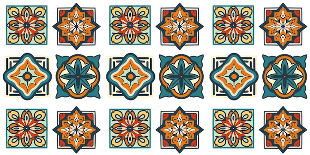 Patrón de costura de un diseño de textura en tonos verde naranja ornamento geométrico en estilo alphonse mucha