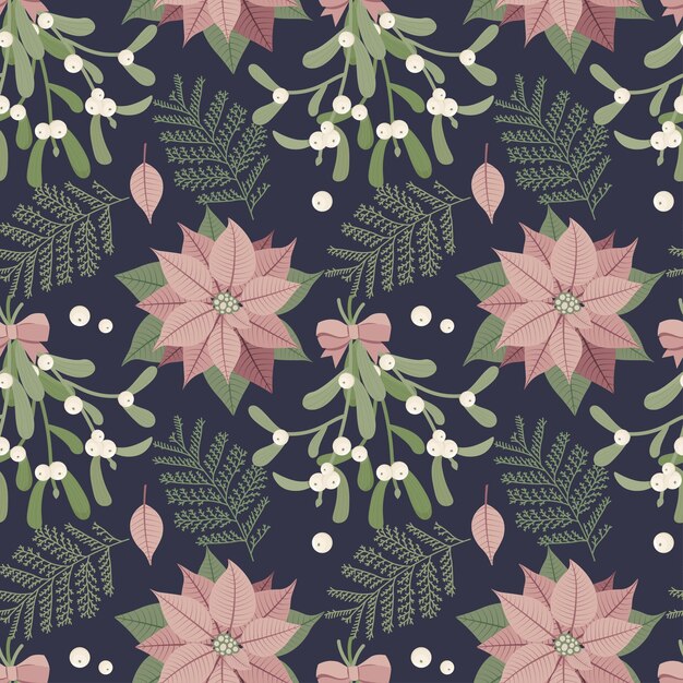 Patrón sin costura floral de Navidad con flores de poinsettia y muérdago Ilustración vectorial en un estilo dibujado a mano