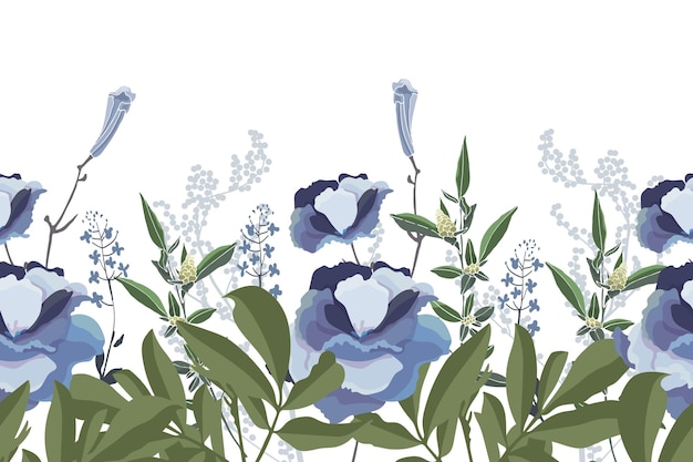 Patrón sin costura floral vectorial, borde. Diseño panorámico horizontal con flores azules y hierbas.