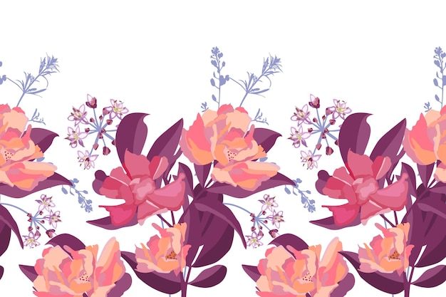 Patrón sin costura floral vectorial, borde. Ilustración panorámica horizontal con flores rosas.