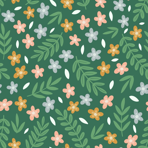 Patrón sin costura floral vectorial. Flores sobre fondo verde. Hermoso patrón floral de primavera