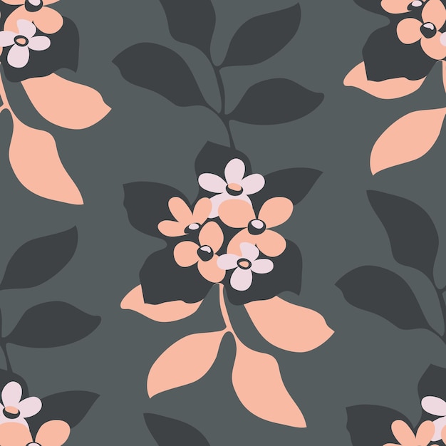 Patrón sin costura floral vectorial. Pequeñas flores rosas y beige, hojas sobre un fondo oscuro.