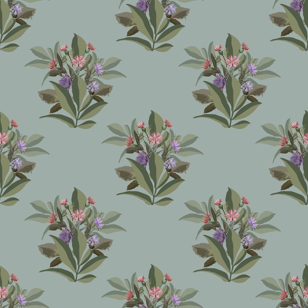 Patrón sin costura floral vectorial. Pequeños ramos de flores de maíz y hojas verdes.