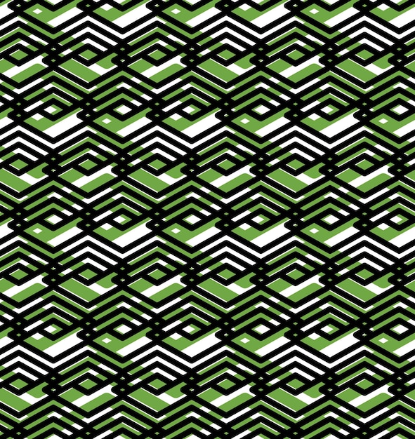 Patrón sin costura con forro geométrico, fondo sin fin de vector colorido. Textura de motivos decorativos simétricos con rombos entrelazados creados a partir de líneas negras. Cubierta ornamentada en capas verdes, mejor para una web