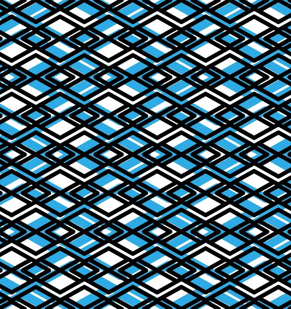 Patrón sin costura con forro geométrico, fondo sin fin de vector colorido. Textura de motivos decorativos simétricos con rombos entrelazados creados a partir de líneas negras. Revestimiento adornado en capas azules, mejor para web y