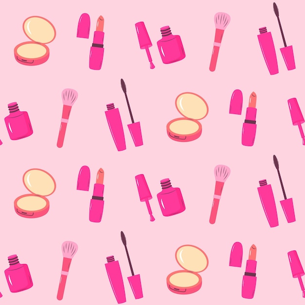 Patrón sin costura de glamour rosa con cosméticos de maquillaje