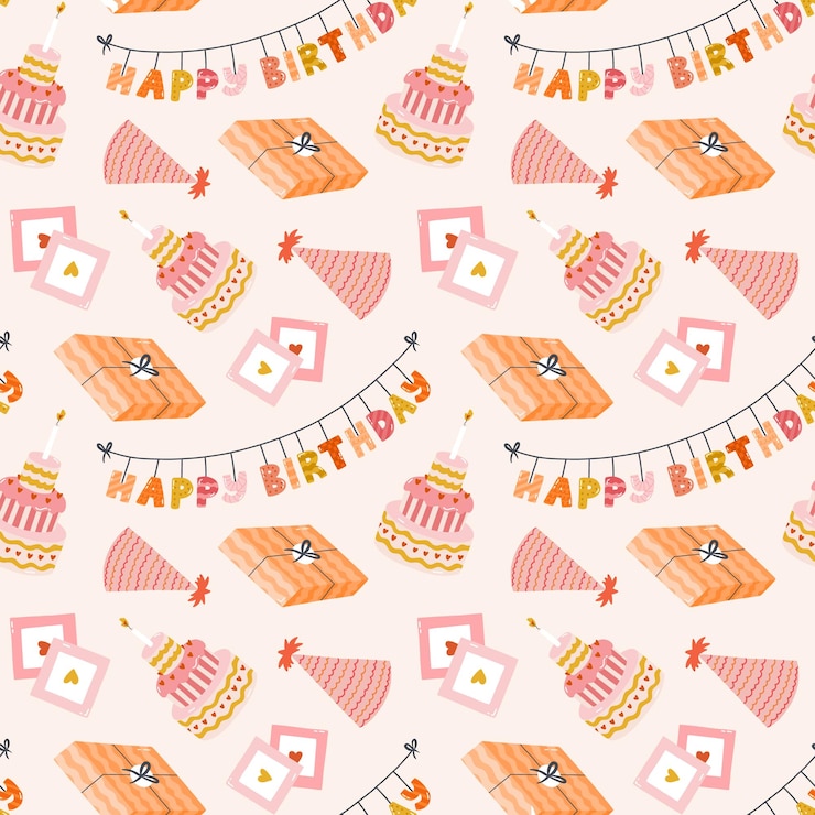 Vector patrón sin costura con gorra de cumpleaños, torta de fiesta, sombrero retro, foto en estilo doodle lindo, diseño infantil con clipart de vacaciones para envolver papel, impresión de tela, álbum de recortes, fondo festivo brillante