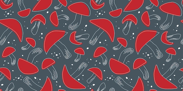 Patrón sin costura con hongos agaricos de mosca con tapa roja Impresión lineal natural abstracta Gráfico vectorial