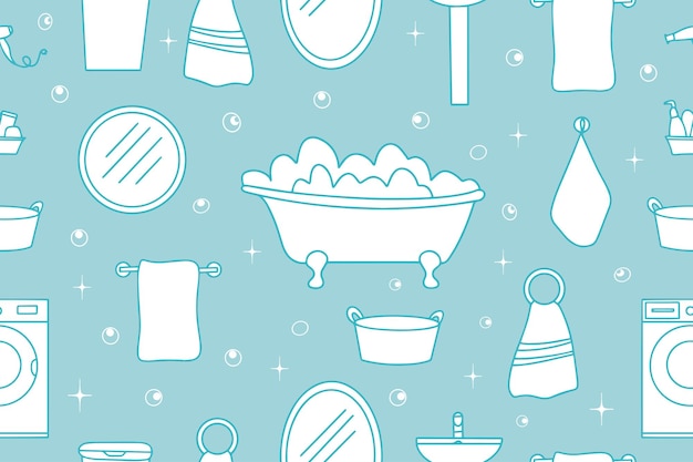 Patrón sin costura con lavadora de bañera y accesorios de baño Ilustración vectorial dibujada a mano en estilo doodle Ideal para imprimir papel de embalaje Ilustración vectorial