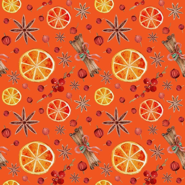 Patrón sin costura de Navidad Año Nuevo naranja canela anís arándanos de embalaje papel de empaque