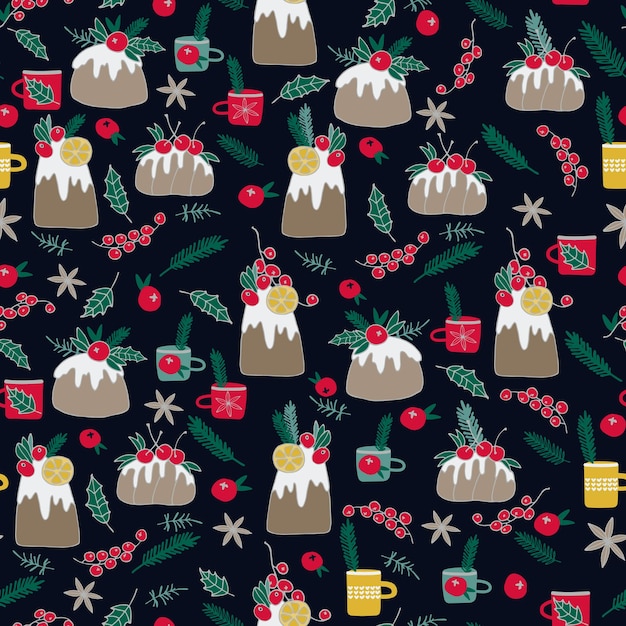 Patrón sin costura con pastel tradicional de Navidad para paquetes de regalos diseño de superficie de papel de embalaje y decoración festiva abundante mesa dulce de Navidad decorada con plantas de invierno bayas