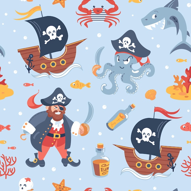 Patrón sin costura de pirata para niños Personajes de dibujos animados Corsario Capitán con gancho y sombrero de cuerda Tiburón barco y pulpo cangrejo en chaleco cráneo estrella de mar Corales de botella para envolver tela de papel pintado