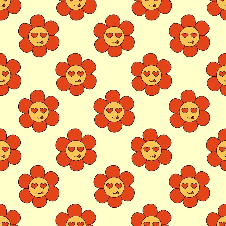 Vector patrón sin costura retro años 70 años 60 años 80 años hippie groovy linda flor muestra la lengua cara sonriente día de san valentín