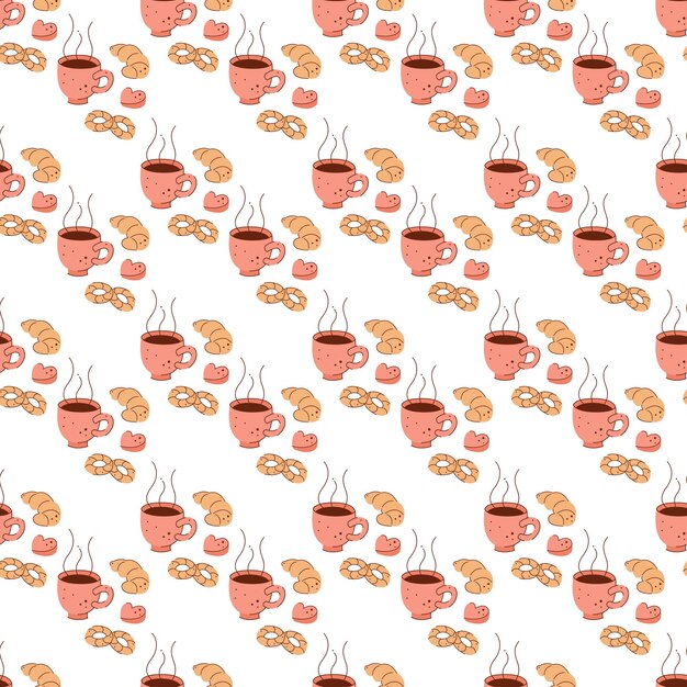 Patrón sin costura con una taza de galletas de té caliente y dulces Ilustración adecuada para papel de embalaje