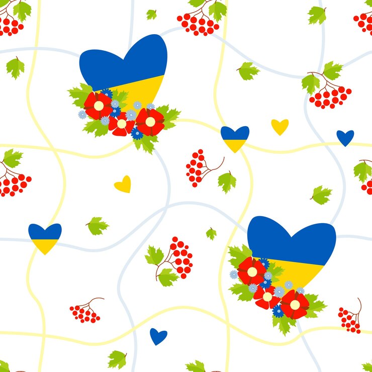 Vector patrón sin costura ucraniano con flores y corazón amarillo azul y viburnum sobre fondo blanco