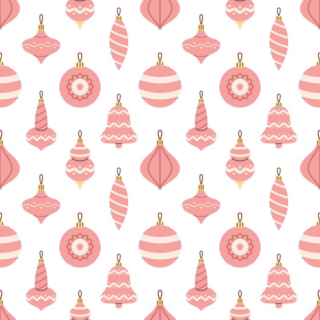 Patrón sin costura vectorial con adornos retro y decoraciones para el árbol de Navidad bolas de Navidad rosas sobre fondo blanco Feliz año nuevo y feliz celebración de Navidad