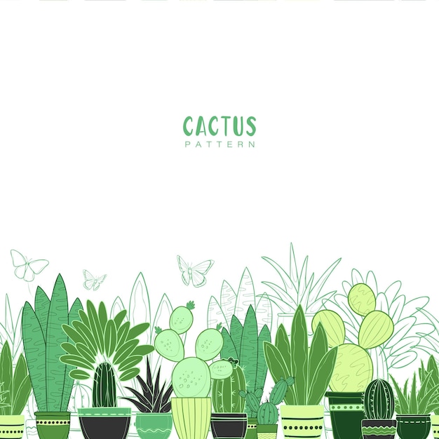 Patrón sin costura vectorial con cactus en macetas sin fondo