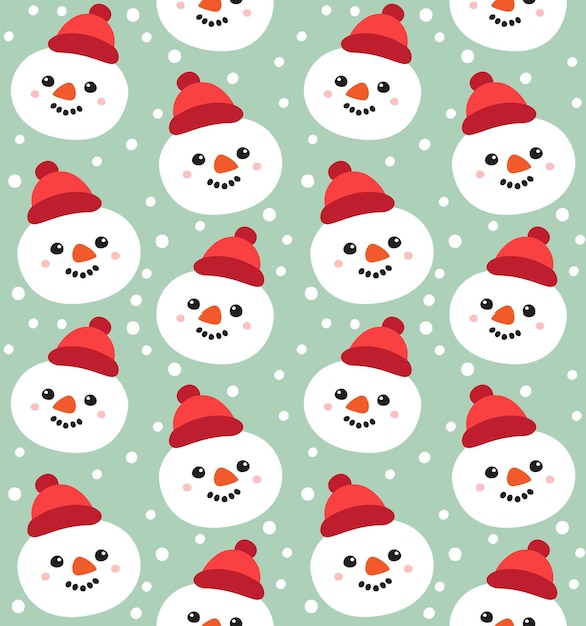 Patrón sin costura vectorial de cara plana de muñeco de nieve