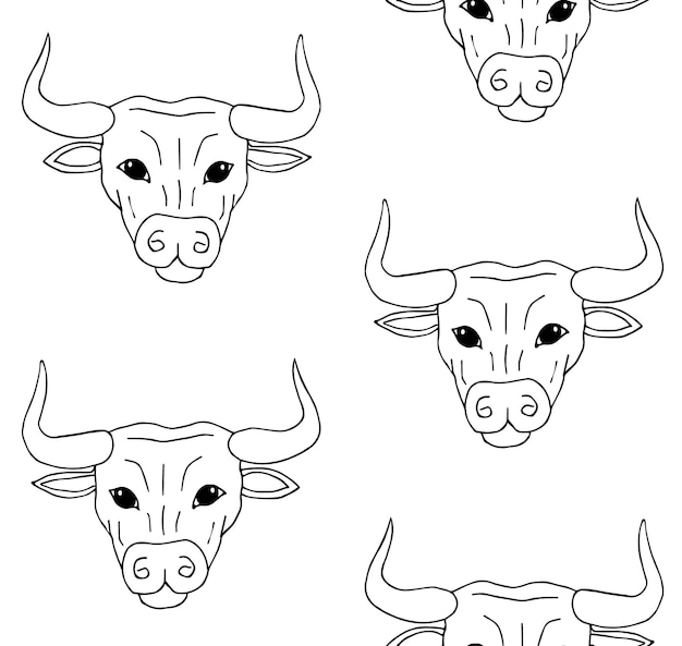 Vector patrón sin costura vectorial de cara de toro dibujada a mano