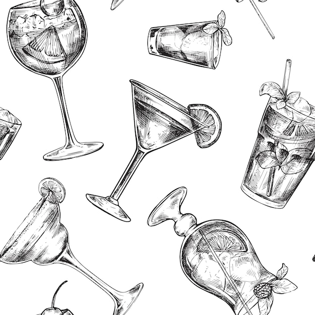 Patrón sin costura vectorial con cócteles dibujados a mano en estilo boceto