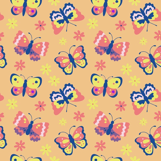 Patrón sin costura vectorial con coloridas mariposas y flores sobre un fondo naranja