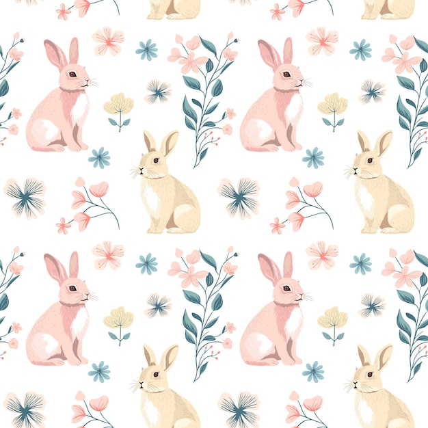 Patrón sin costura vectorial con conejitos lindos fondos de primavera en estilo folclórico conejos impresión dibujada a mano