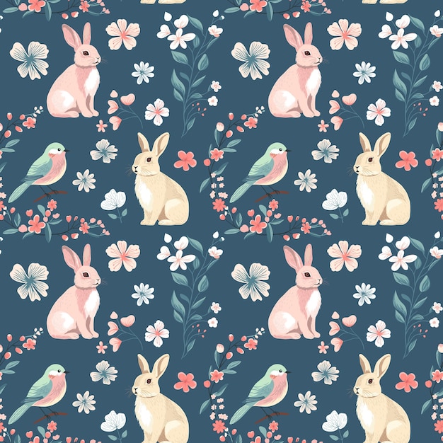 Patrón sin costura vectorial con conejitos y pájaros lindos fondos de primavera estampado de conejos vintage