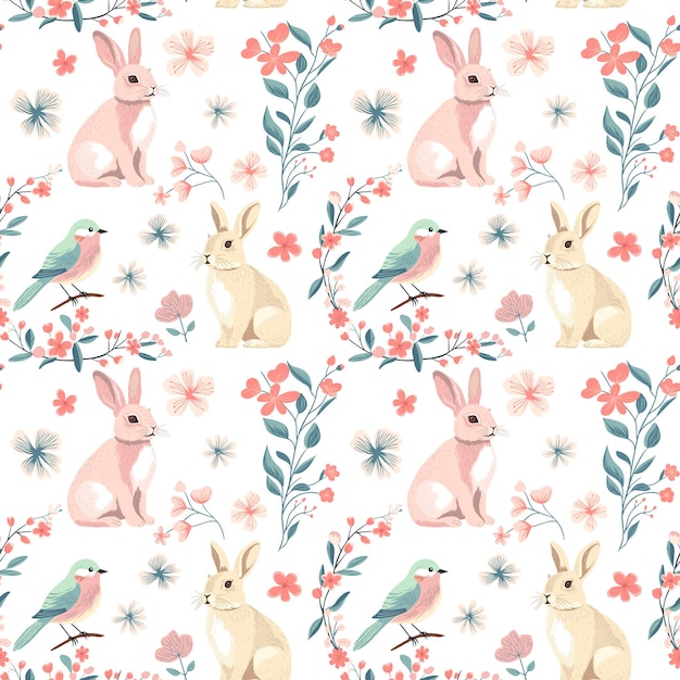 Patrón sin costura vectorial con conejos y pájaros fondos de primavera conejos vintage impresos dibujados a mano