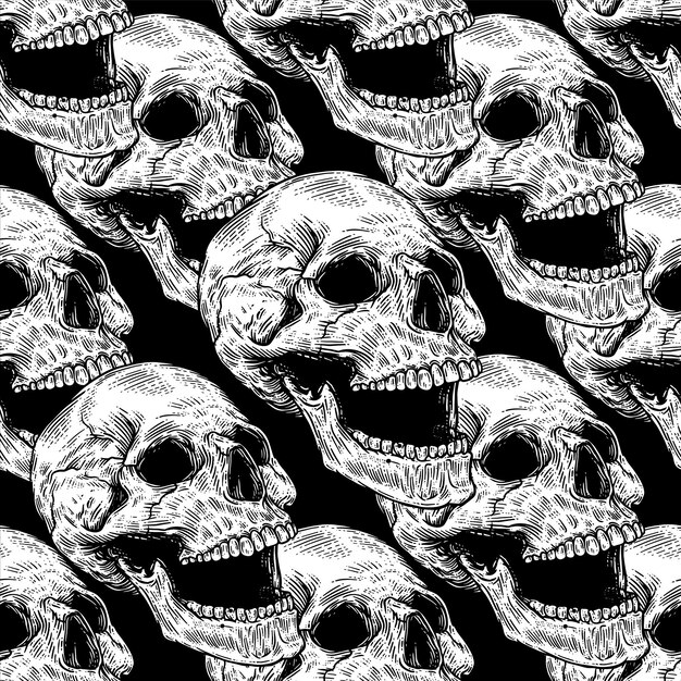 Patrón sin costura vectorial con cráneos en fondo negro en tatuajes retro de la vieja escuela grunge punk