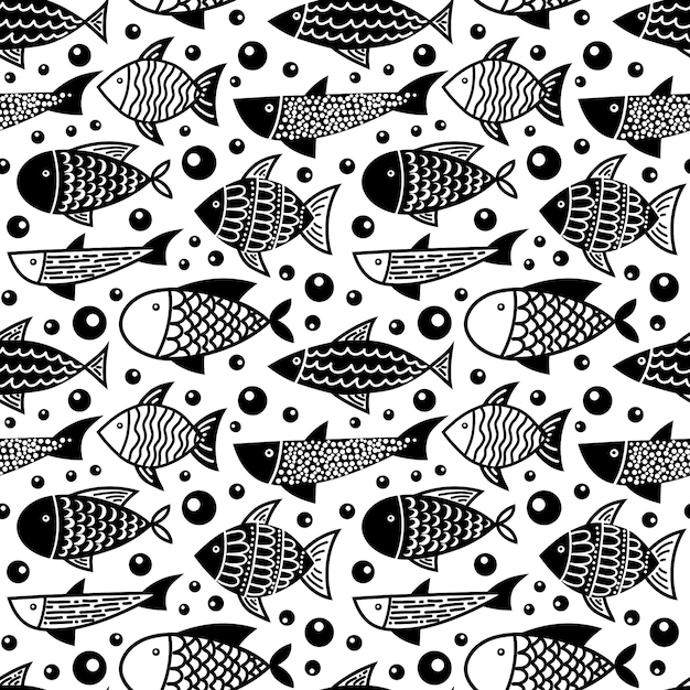 Patrón sin costura vectorial con diferentes peces Fondo dibujado a mano en estilo Doodle simple para telón de fondo o papel de regalo Vida marina japonesa