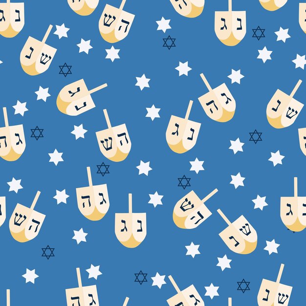 Vector patrón sin costura vectorial con dreidel judío tradicional en un fondo azul con estrellas de david