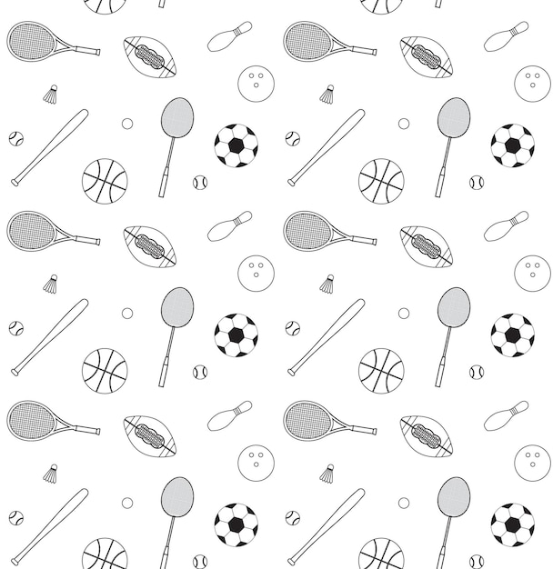 Patrón sin costura vectorial de equipamiento deportivo de contorno
