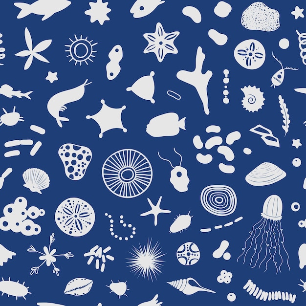 Patrón sin costura vectorial con estampado de vida marina. Textura infinita azul y blanca con plancton marino, pescado