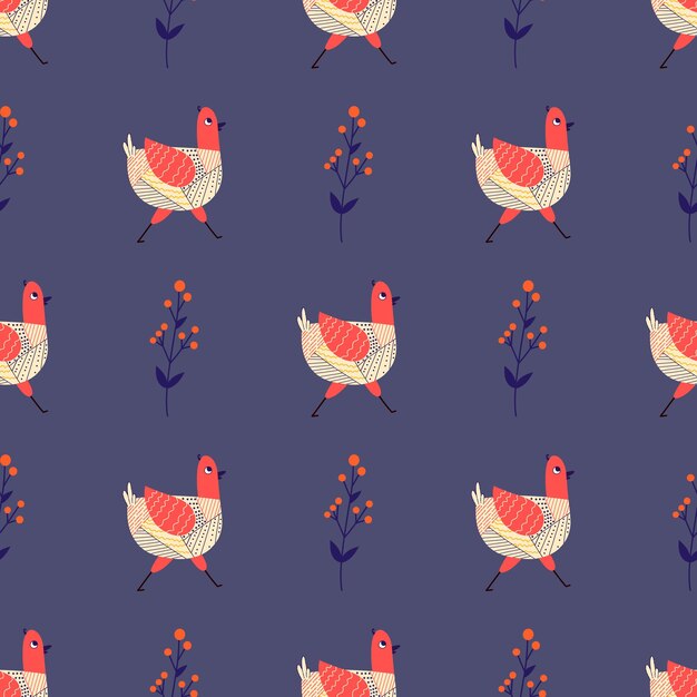 Patrón sin costura vectorial en estilo popular con pajaritos Gráficos vectoriales folclóricos con bayas coloridas a