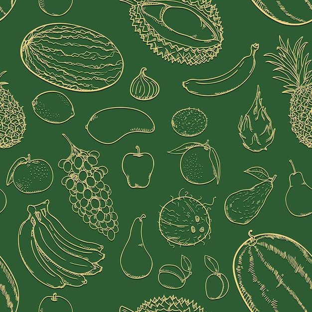 Patrón sin costura vectorial de frutas de boceto sobre fondo verde