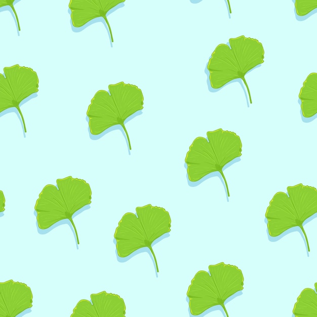 Patrón sin costura vectorial de hojas de ginkgo verde de dibujos animados