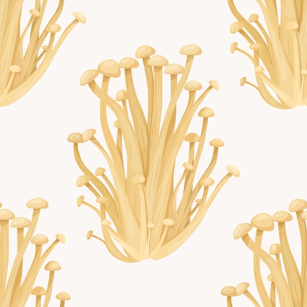 Patrón sin costura vectorial con hongo enoki en blanco textura transparente dibujado a mano dibujos animados enoki mushrooms bush plantilla de diseño para papel de pared textil flammulina velutipes mushroom print