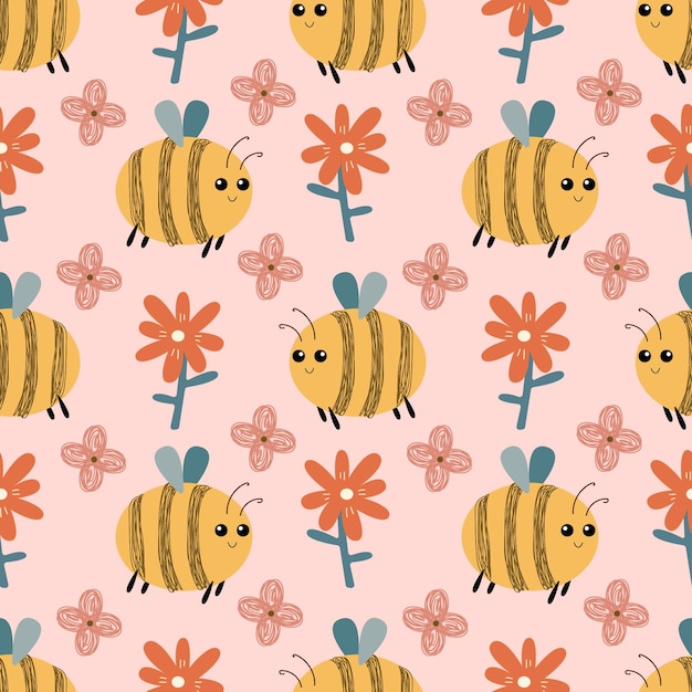 Patrón sin costura vectorial Ilustración de bebé abejas de dibujos animados y flores en fondo rosa
