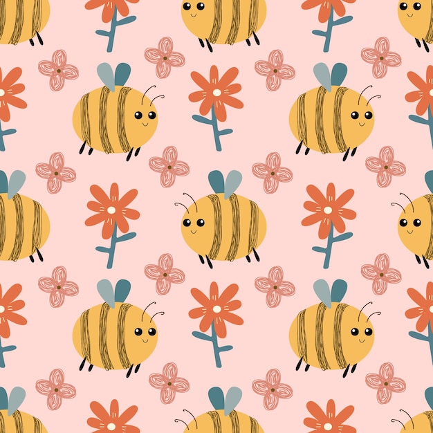 Patrón sin costura vectorial Ilustración de bebé abejas de dibujos animados y flores en fondo rosa