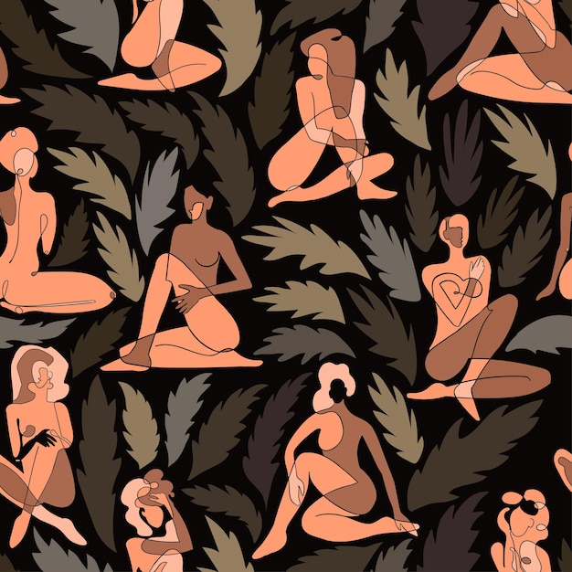 Patrón sin costura vectorial con ilustración colorida del cuerpo de la mujer silueta y hojas exóticas