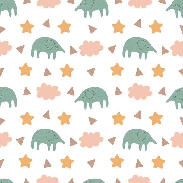 Patrón sin costura vectorial Ilustración estilizada infantil elefante estrellas y nubes