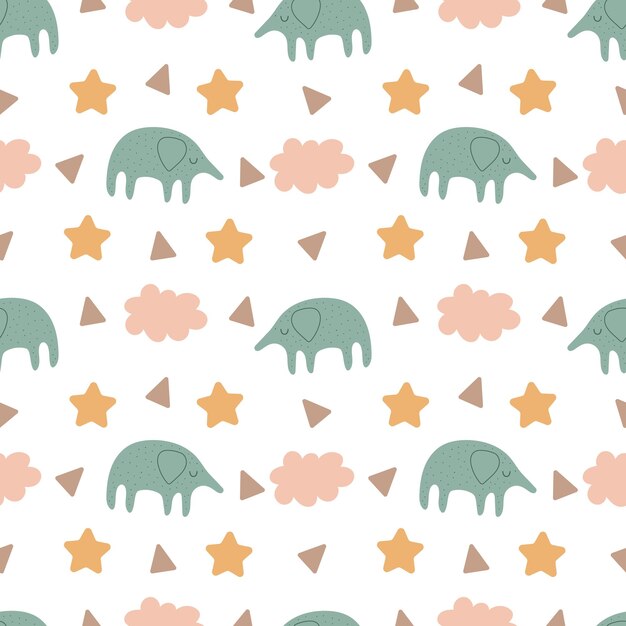 Vector patrón sin costura vectorial ilustración estilizada infantil elefante estrellas y nubes