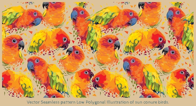 Patrón sin costura vectorial Ilustración poligonal baja de pájaros conure del sol