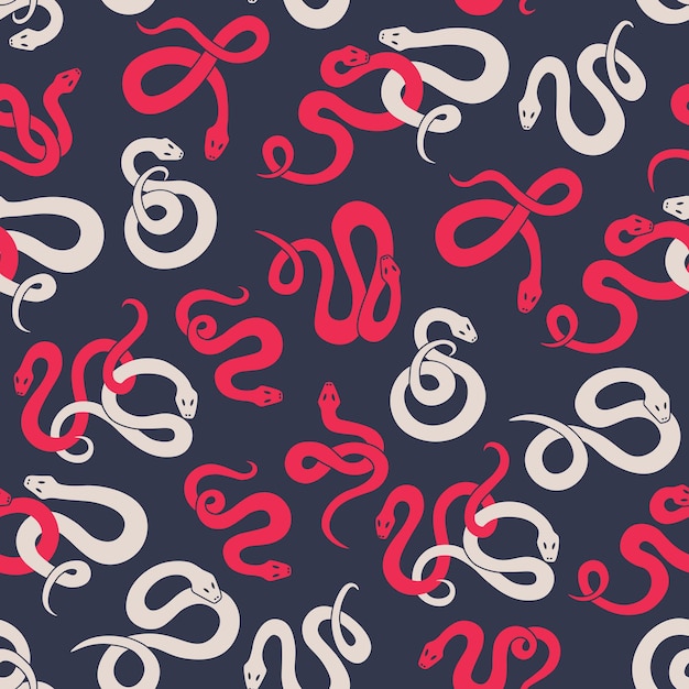 Patrón sin costura vectorial con lindas serpientes retorcidas de colores Serpientes rosadas y blancas que se repiten aleatoriamente sobre un fondo oscuro