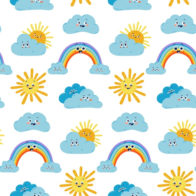 Patrón sin costura vectorial con lindo sol sonriente Arco iris y nubes Buen tiempo