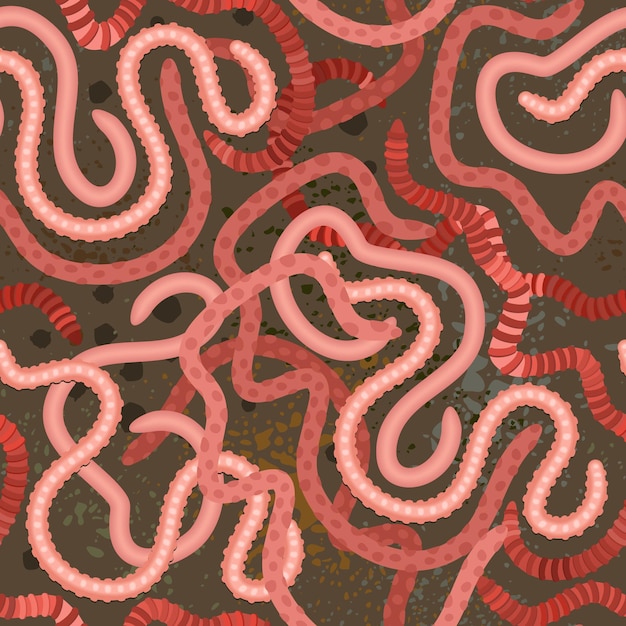 Vector patrón sin costura vectorial con lombrices rosadas sobre fondo de suelo oscuro